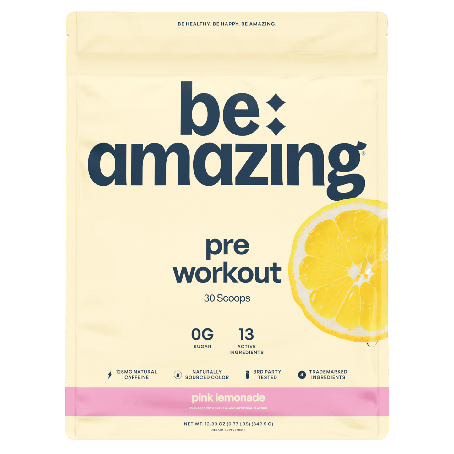 Be Amazing pre-workout supplement with Dole Whip Pineapple flavor, 30 scoops, shown in the image.
