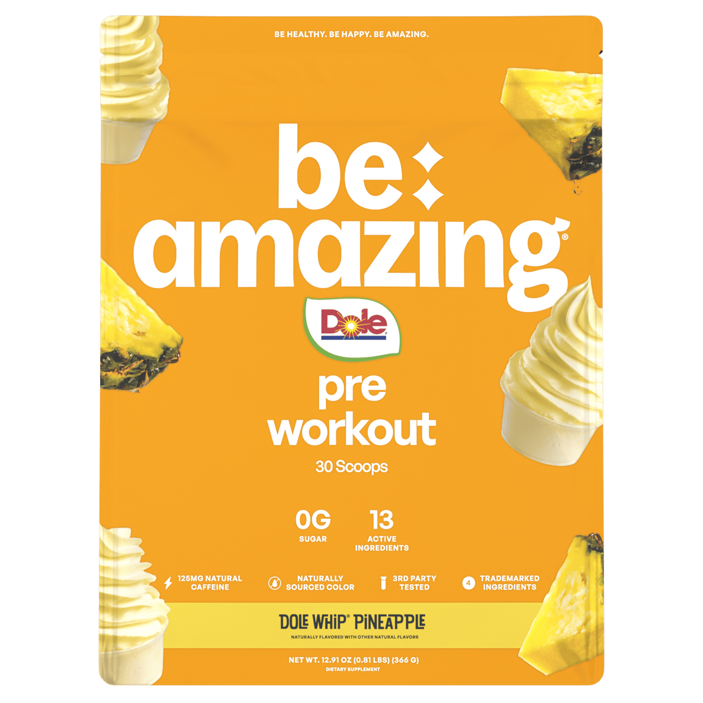 Be Amazing Pre-Workout supplement with Dole Whip Pineapple flavor, showing the 30-scoop container and vibrant label.