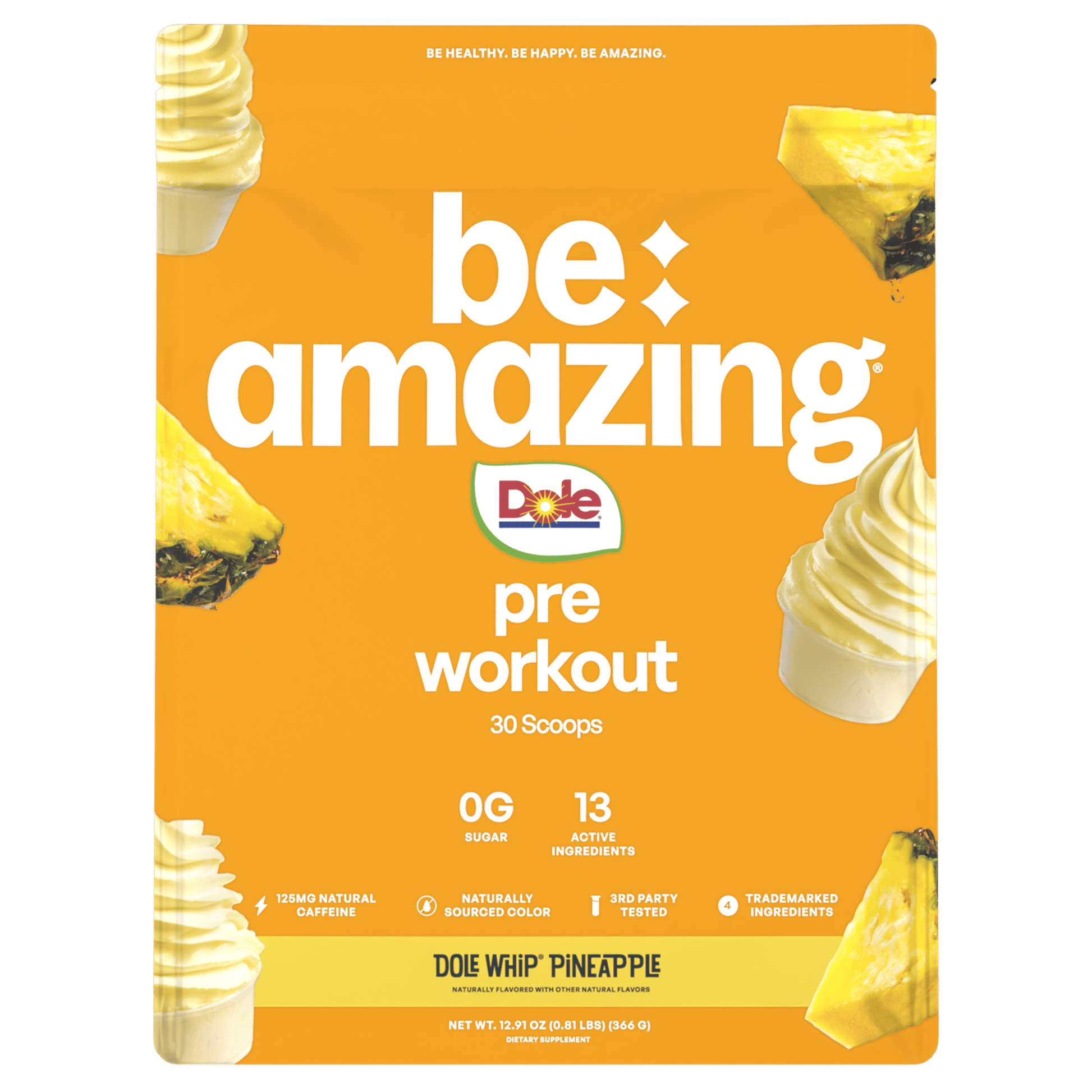 Be Amazing Pre-Workout supplement with Dole Whip Pineapple flavor, showing the 30-scoop container and vibrant label.
