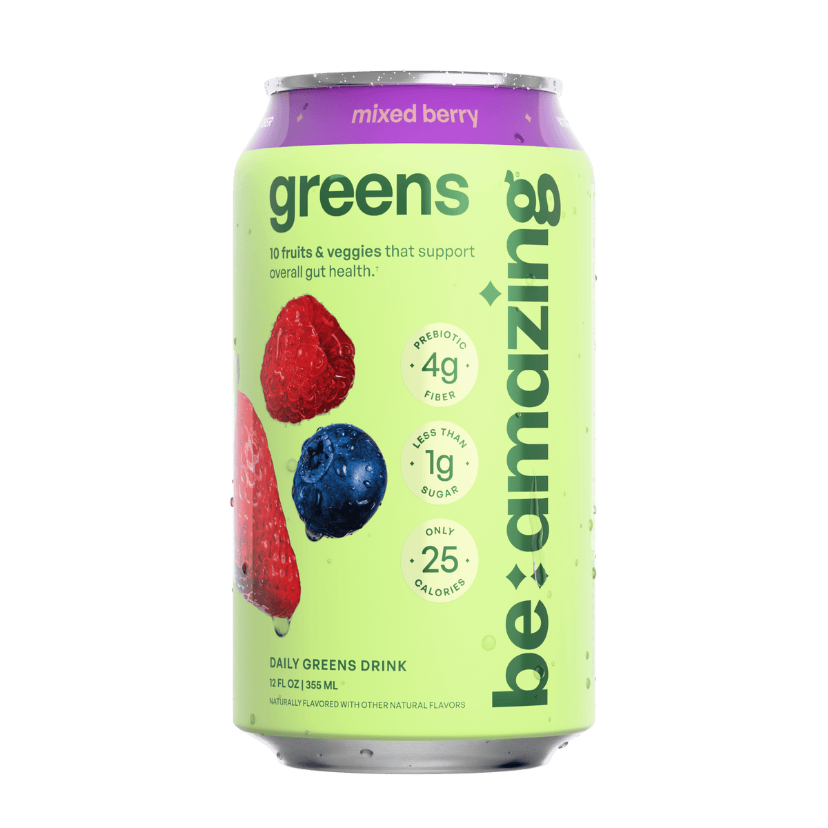 Be Amazing Daily Greens RTD drink 8-pack with raspberry lime flavor, showing vibrant bottles with fresh fruit on the label.