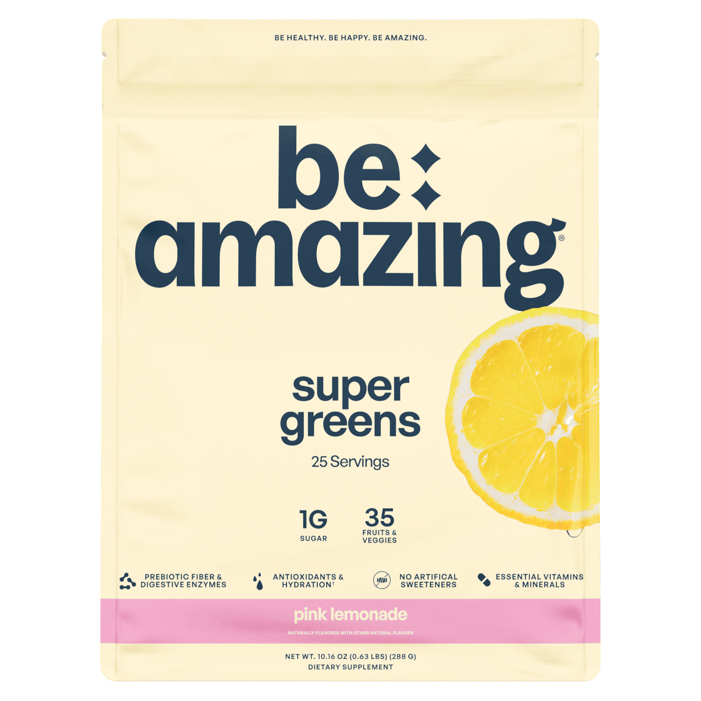 Be Amazing Super Greens powder with Dole Whip Pineapple flavor, 25 servings, vibrant green superfood supplement in a container.
