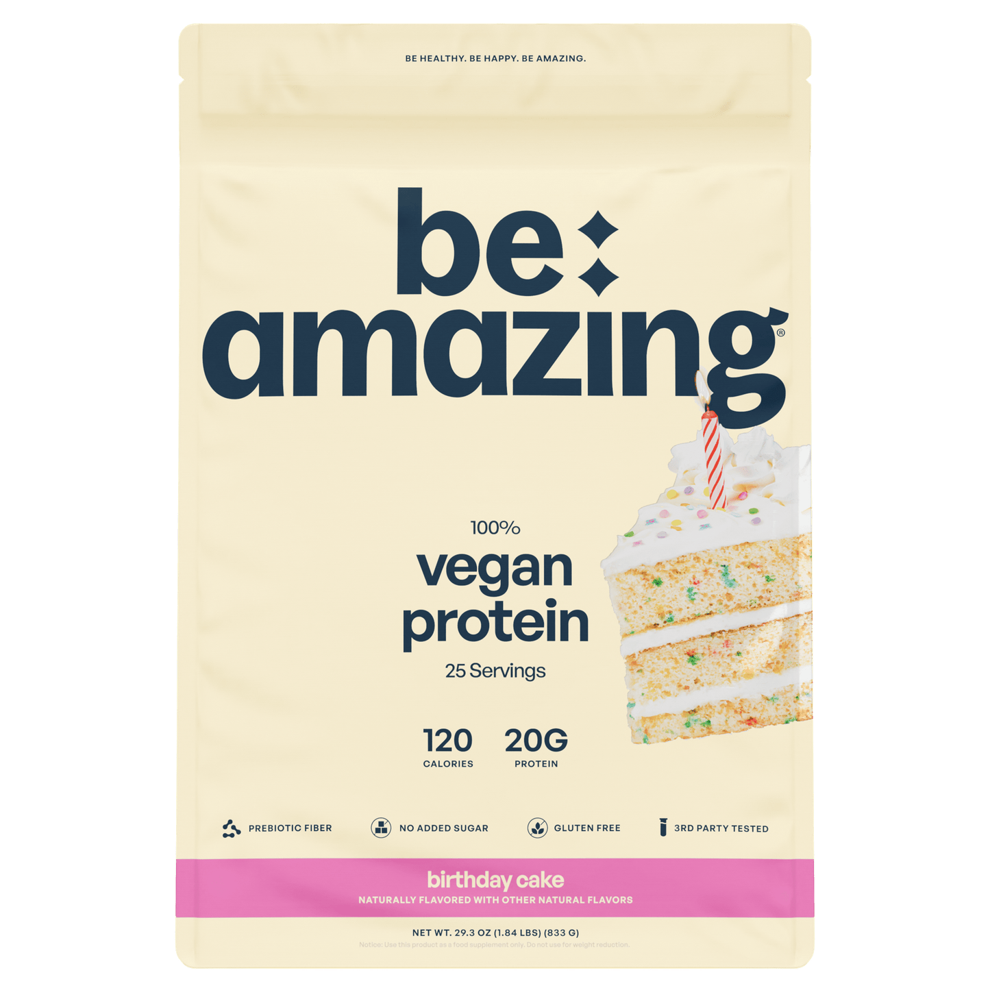 Be Amazing vegan protein powder with brown sugar and oatmeal flavor, showing the container and scoop of the plant-based supplement.
