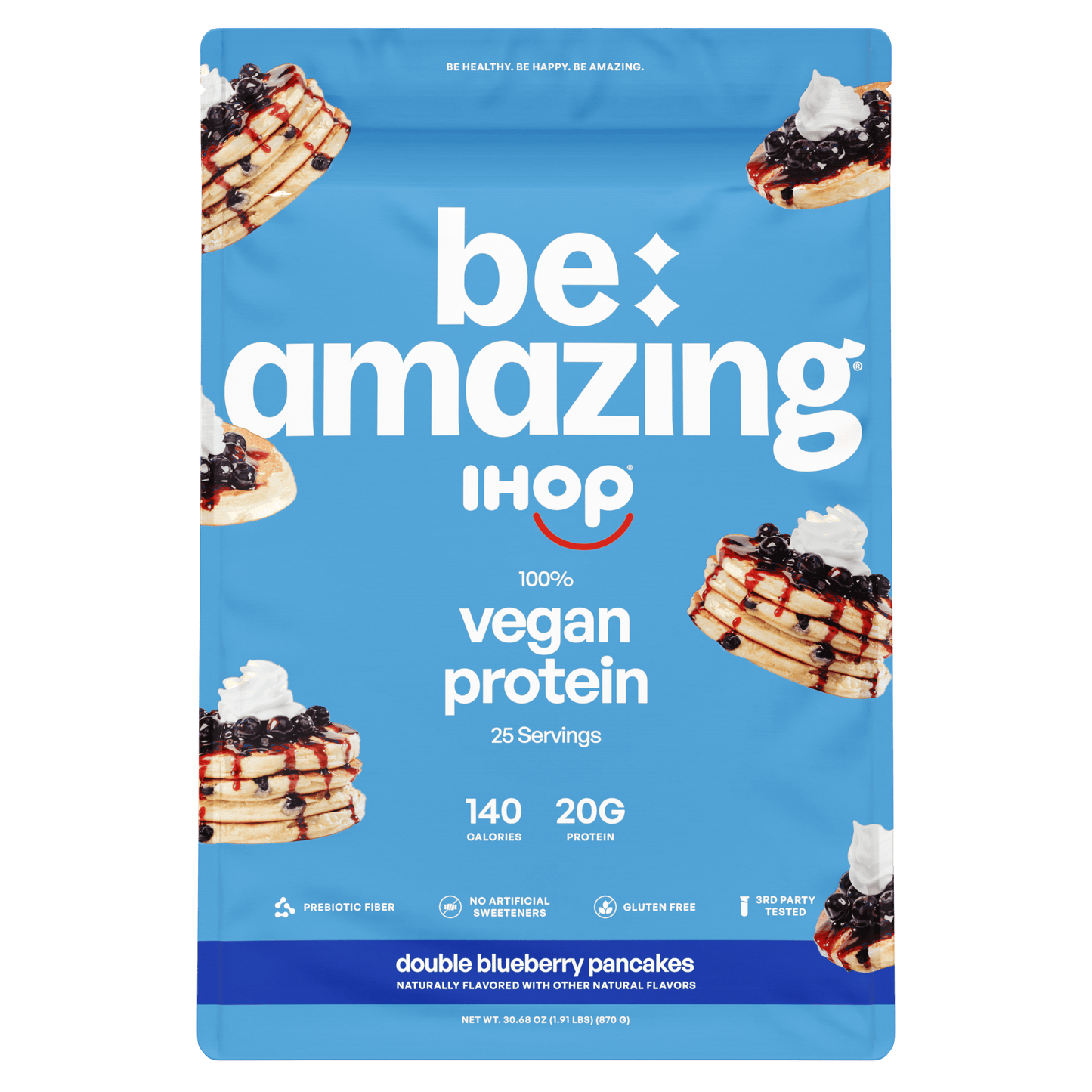 Be Amazing vegan protein powder with brown sugar and oatmeal flavor, shown in a container with scoops on a wooden surface