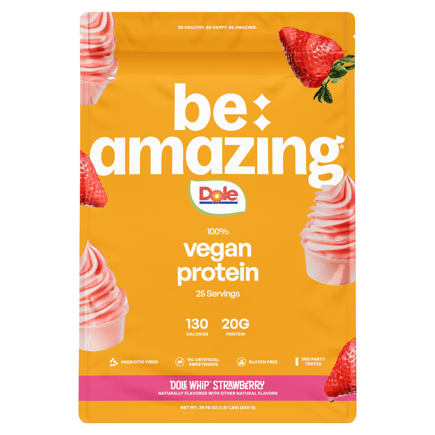 Be Amazing vegan protein powder with brown sugar and oatmeal flavor, 25-serving container, plant-based protein supplement.