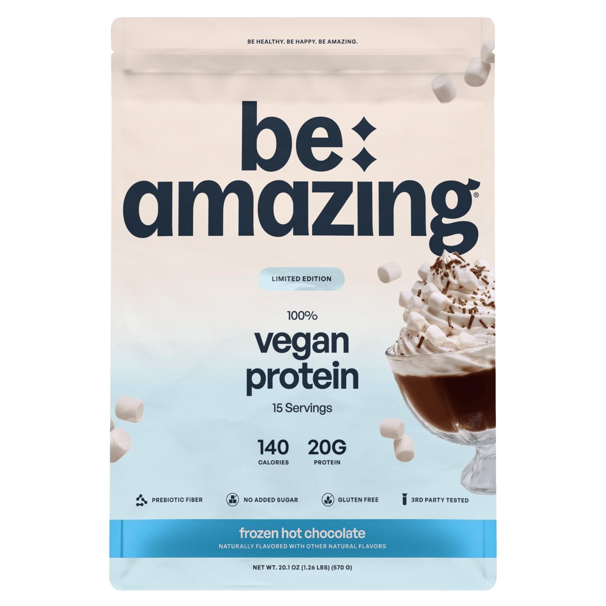 Be Amazing vegan protein powder with strawberry flavor, featuring 25 servings and a Dole Whip-inspired design.