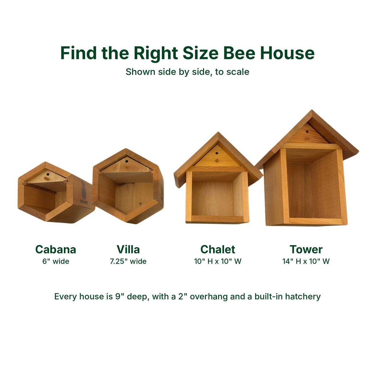 Group of CrownBees Chalet Cedar Bee Houses showing various sizes for bee nesting and habitat protection.