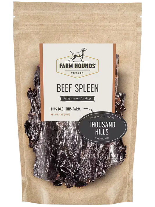 Fresh beef spleen from Farm Hounds, showing the organ's detailed texture and natural color on a clean background.