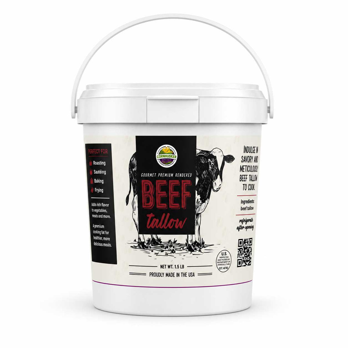 Rendered beef tallow in a bucket from Cornhusker Kitchen, 1.5 lb, non-GMO, ready for cooking or baking.
