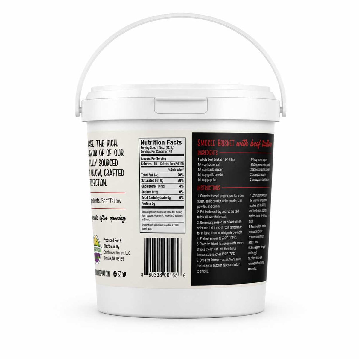 Rendered beef tallow in a clear jar from Cornhusker Kitchen, non-GMO, 1.5 lb package, suitable for cooking and frying.
