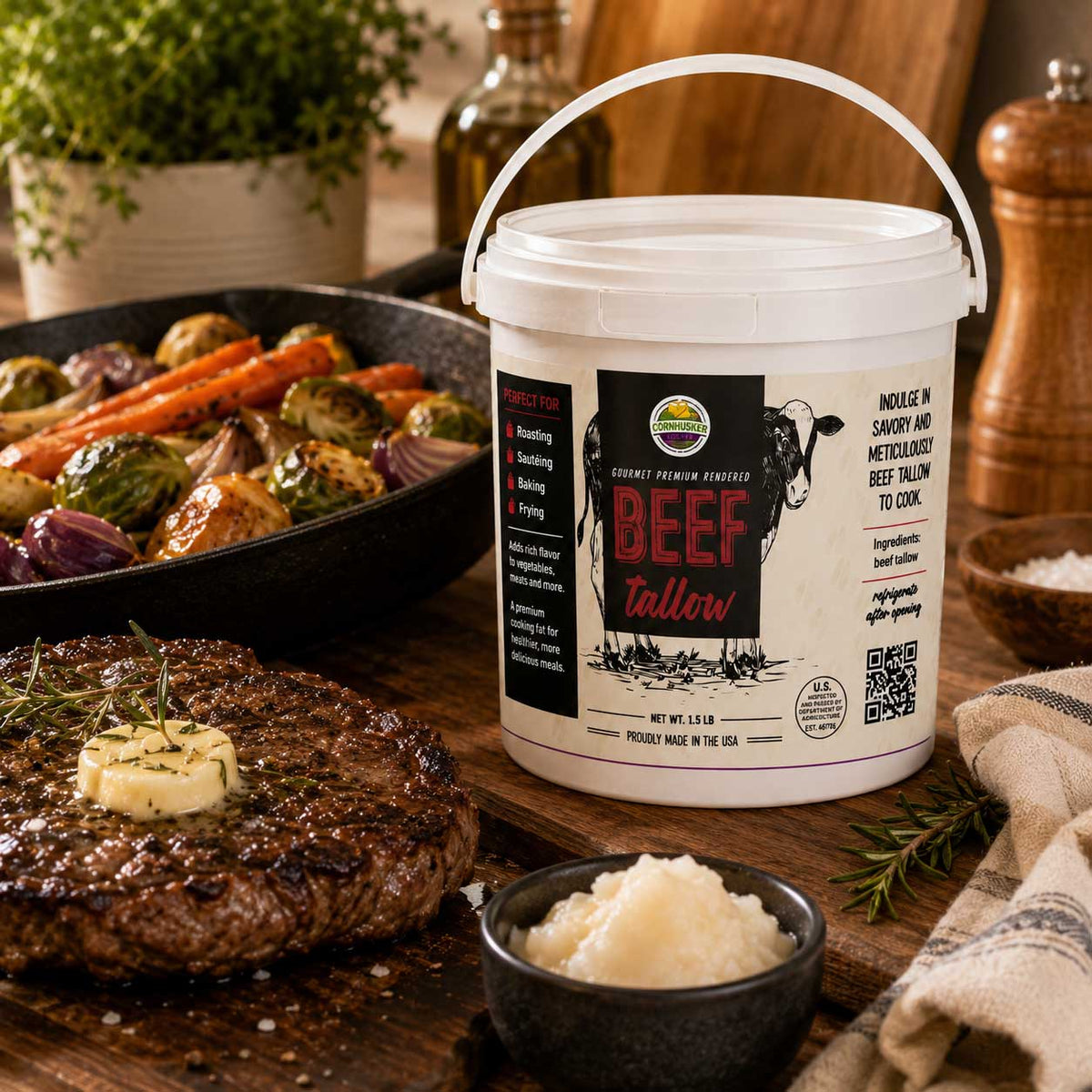 Rendered beef tallow in a 1.5 lb container from Cornhusker Kitchen, featuring creamy, golden beef fat suitable for cooking.