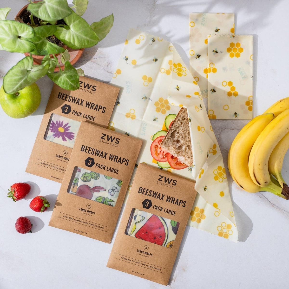 Set of three large beeswax wraps for food storage, natural and plastic-free, from ZeroWasteStore.com.