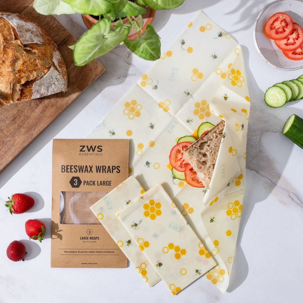 Set of three large beeswax food wraps with honeycomb pattern, plastic-free food storage solution from ZeroWasteStore.com