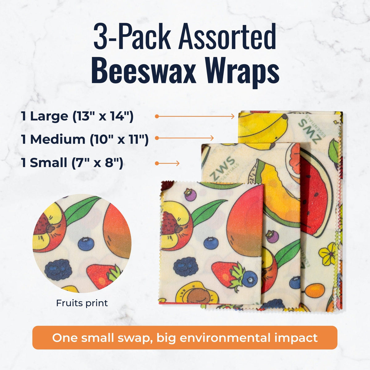Set of three colorful beeswax wraps with fruit patterns for plastic-free food storage by ZeroWasteStore.com