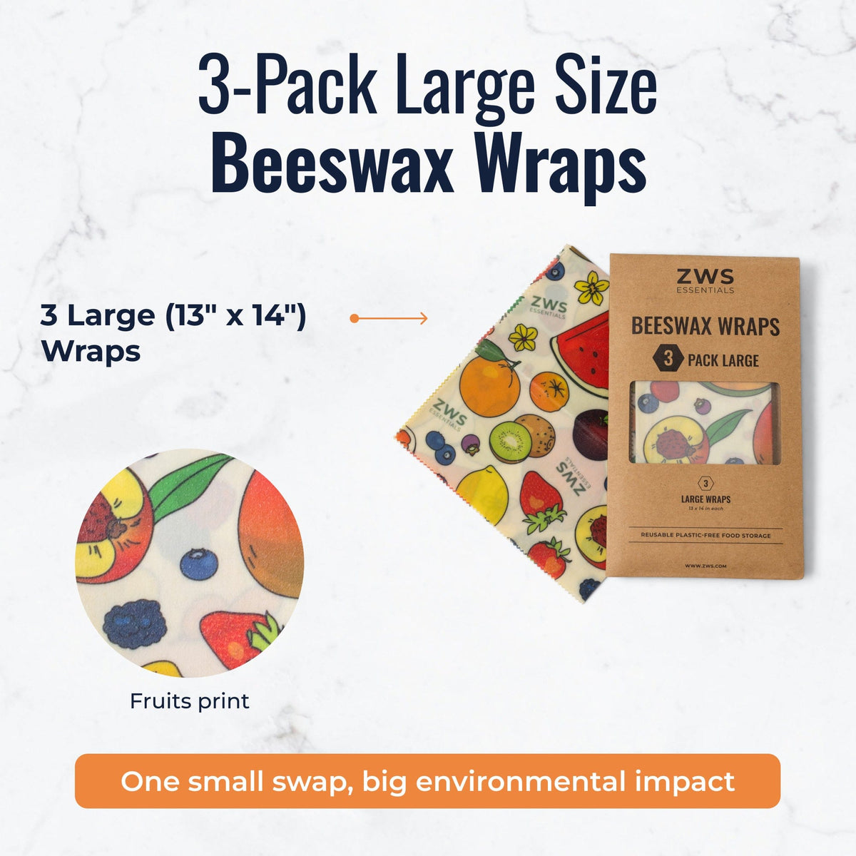 Set of three large beeswax food wraps with fruit pattern by ZeroWasteStore.com, reusable plastic-free food storage solution.
