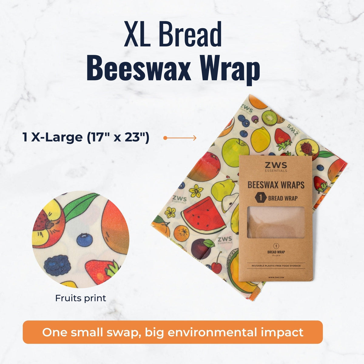 Beeswax wraps with fruit pattern from ZeroWasteStore.com, reusable plastic-free food storage wraps for bread and snacks.