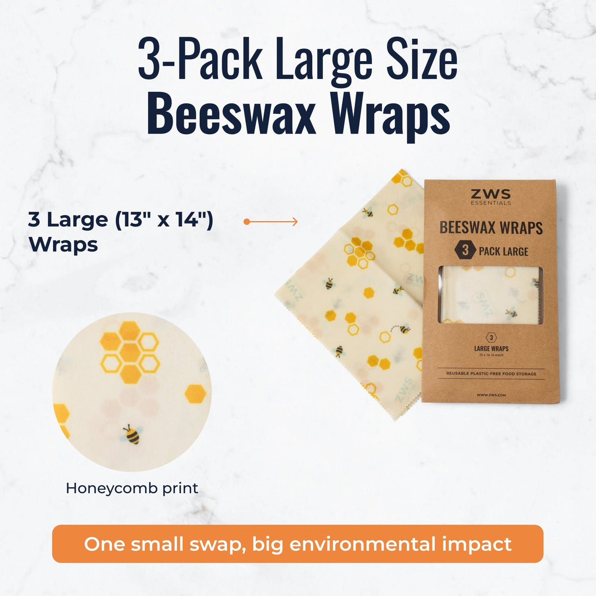 Set of three large beeswax food wraps with honeycomb pattern, plastic-free food storage by ZeroWasteStore.com