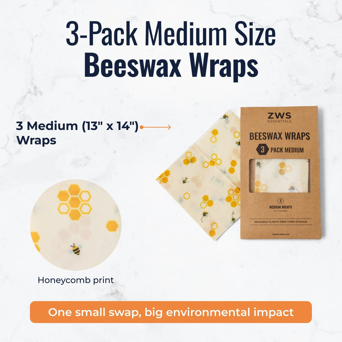 Set of three medium beeswax wraps with honeycomb pattern, reusable plastic-free food storage wraps from ZeroWasteStore.com