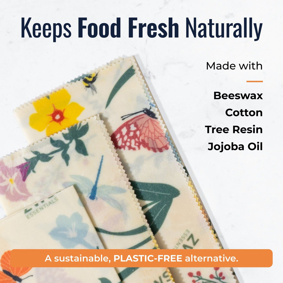 Set of beeswax food wraps with pollinator pattern, plastic-free food storage solution from ZeroWasteStore.com
