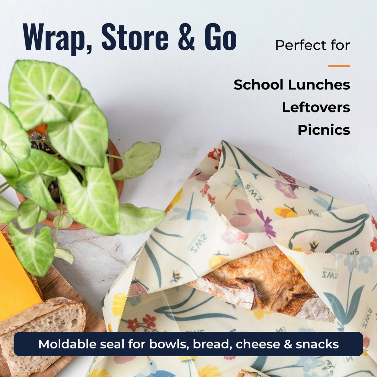 Beeswax wraps with pollinator pattern, reusable plastic-free food storage wraps from ZeroWasteStore.com, eco-friendly and eco-conscious.