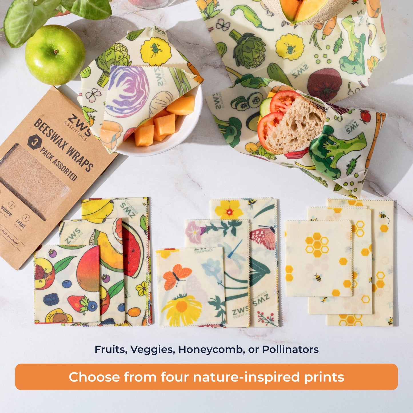 Set of beeswax food wraps with pollinator pattern, reusable plastic-free food storage by ZeroWasteStore.com
