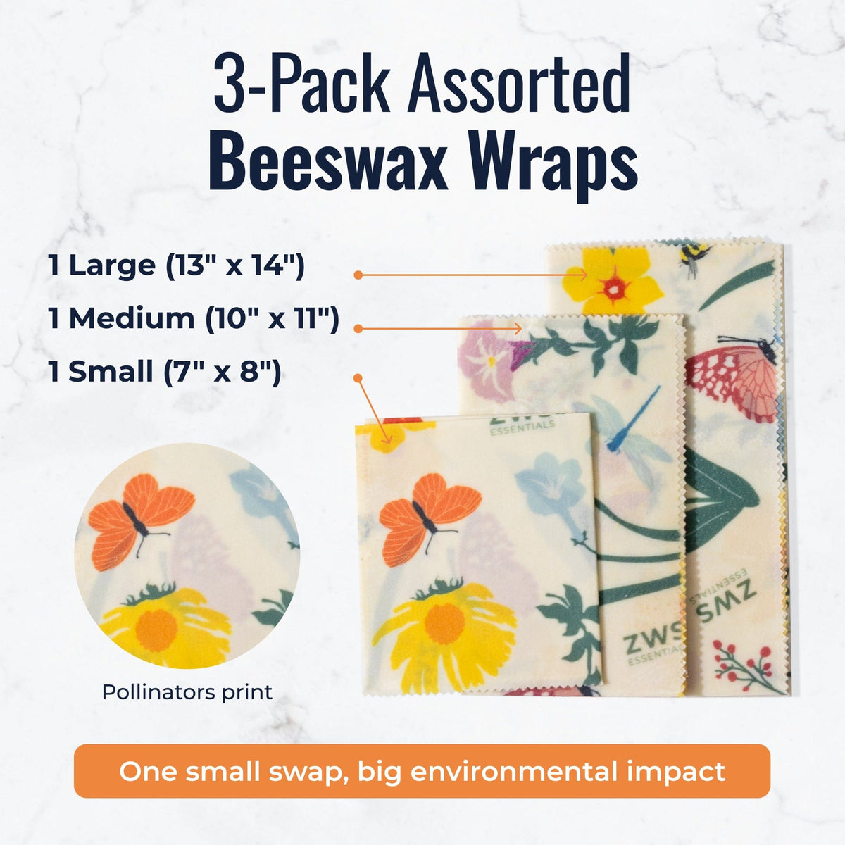 Set of three beeswax food wraps with pollinator pattern, plastic-free food storage solution by ZeroWasteStore.com
