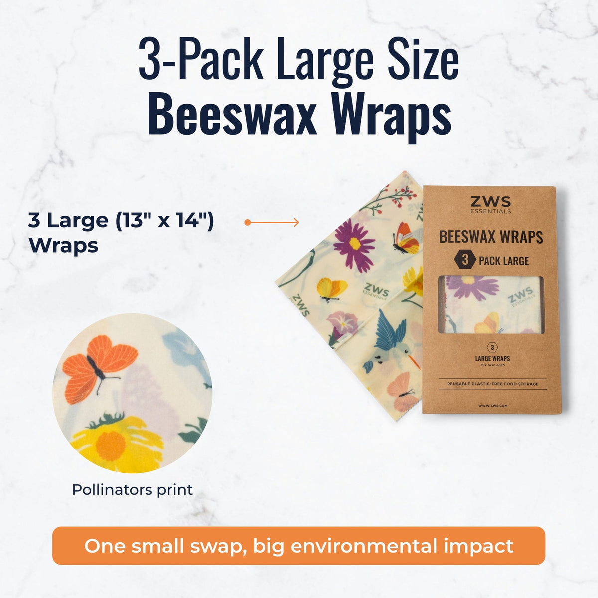 Set of three large beeswax food wraps with pollinator pattern, plastic-free food storage by ZeroWasteStore.com