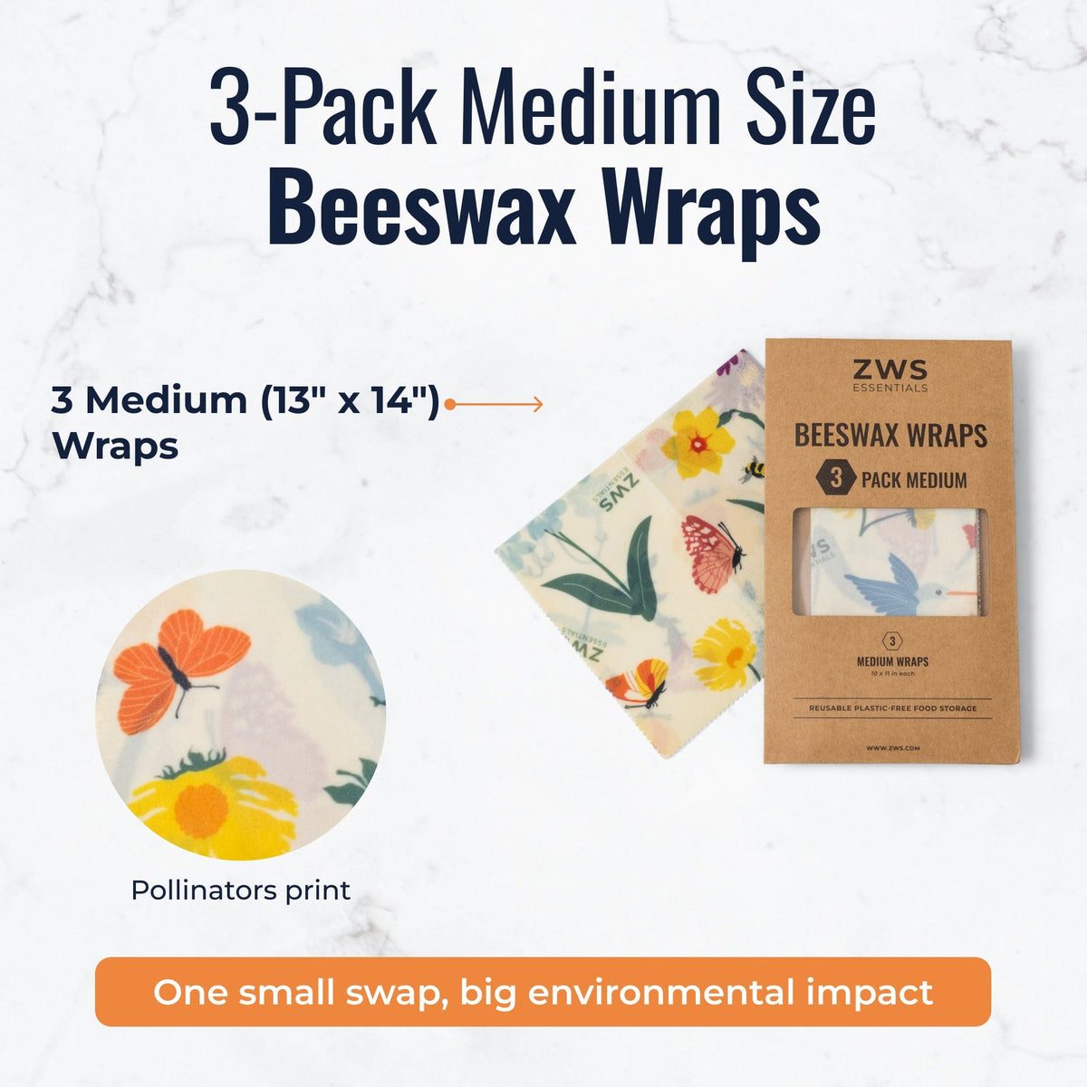 Set of three medium beeswax wraps with pollinator pattern for plastic-free food storage from ZeroWasteStore.com