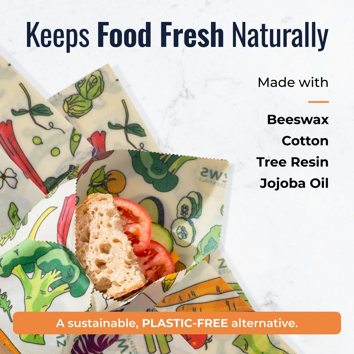 Beeswax food wraps with veggie pattern from ZeroWasteStore.com, eco-friendly plastic-free food storage solution.