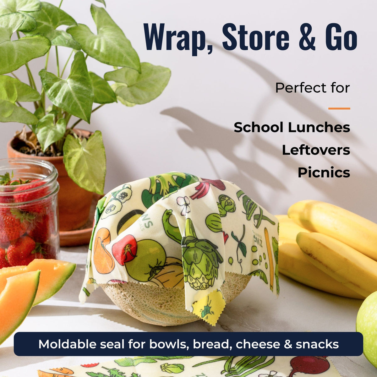 Set of beeswax food wraps with veggie pattern, eco-friendly plastic-free food storage wraps by ZeroWasteStore.com