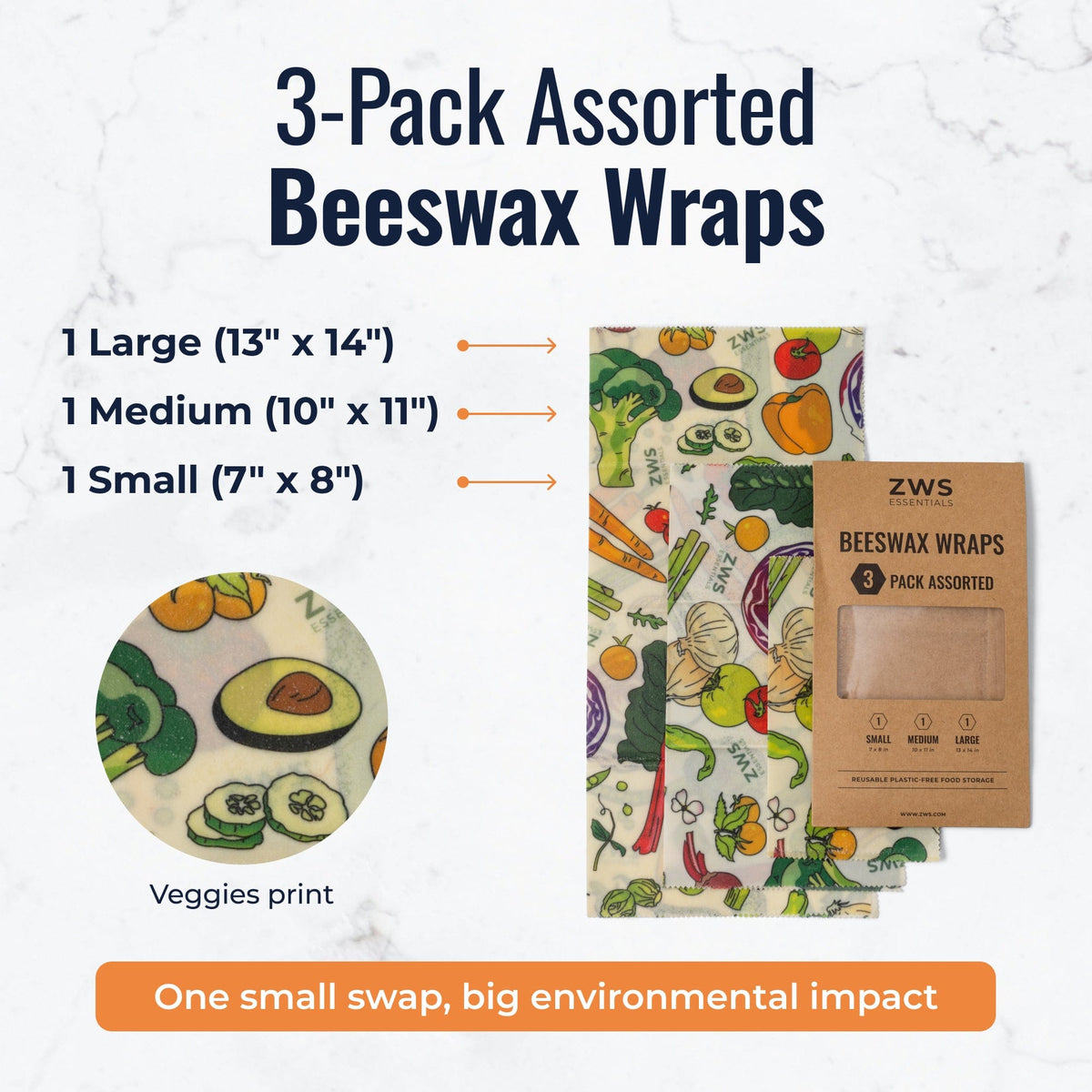 Set of three beeswax food wraps with veggie pattern from ZeroWasteStore, plastic-free reusable food storage wraps.