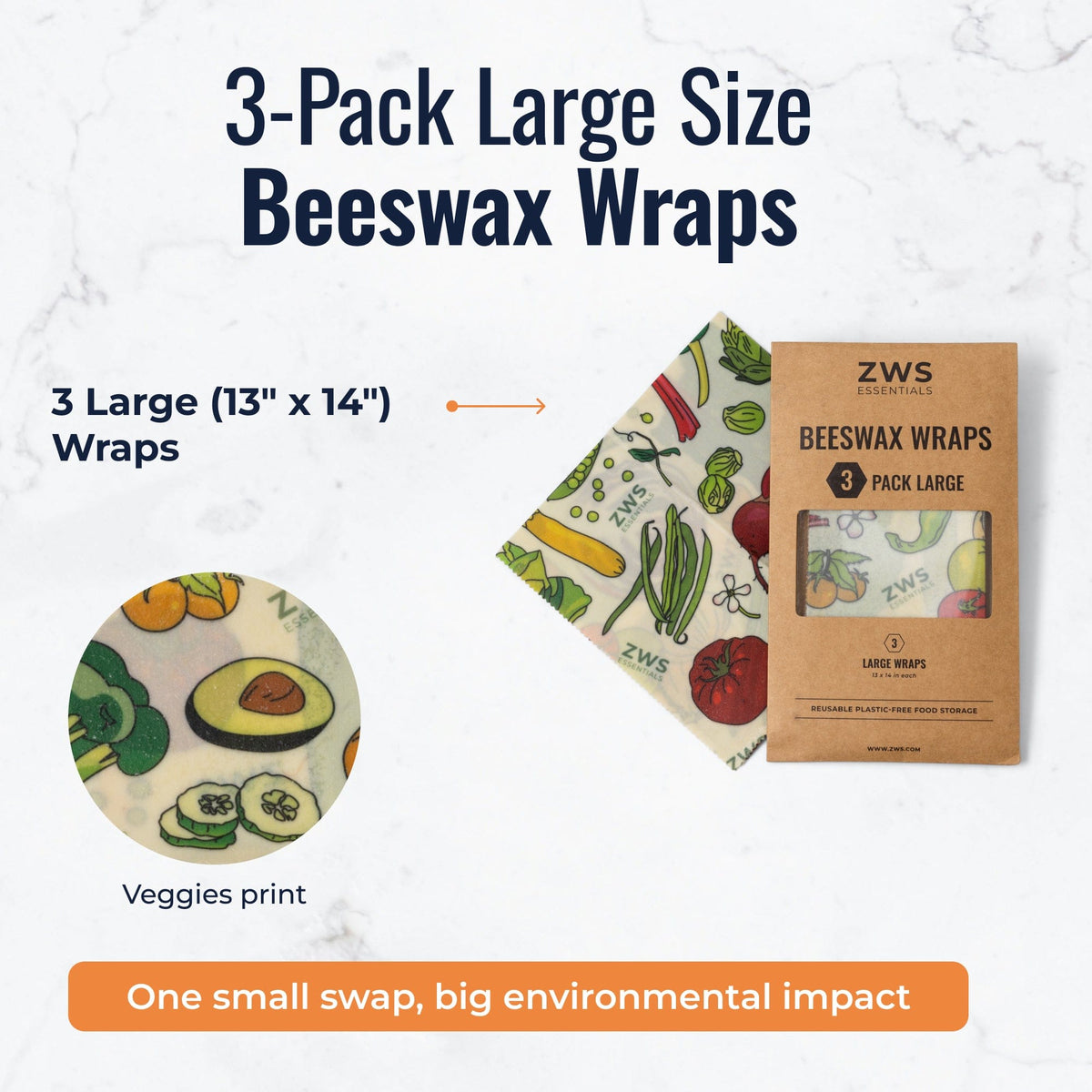 Set of three large beeswax food wraps with colorful veggie pattern, plastic-free storage solution from ZeroWasteStore.com
