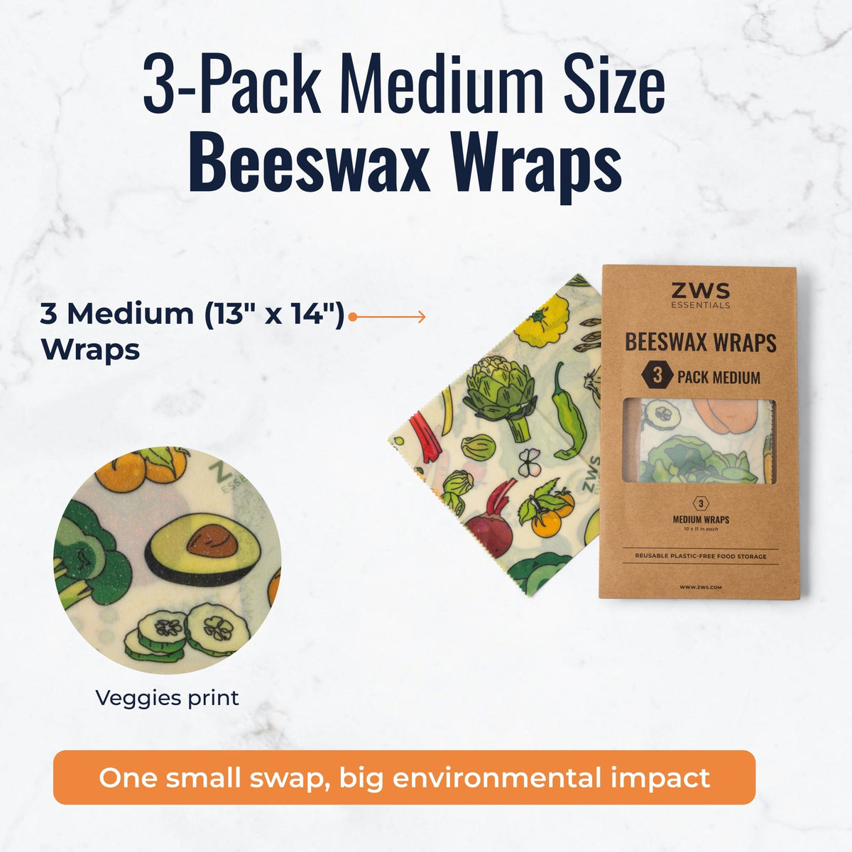 Set of three medium beeswax wraps with veggie pattern for plastic-free food storage from ZeroWasteStore.com
