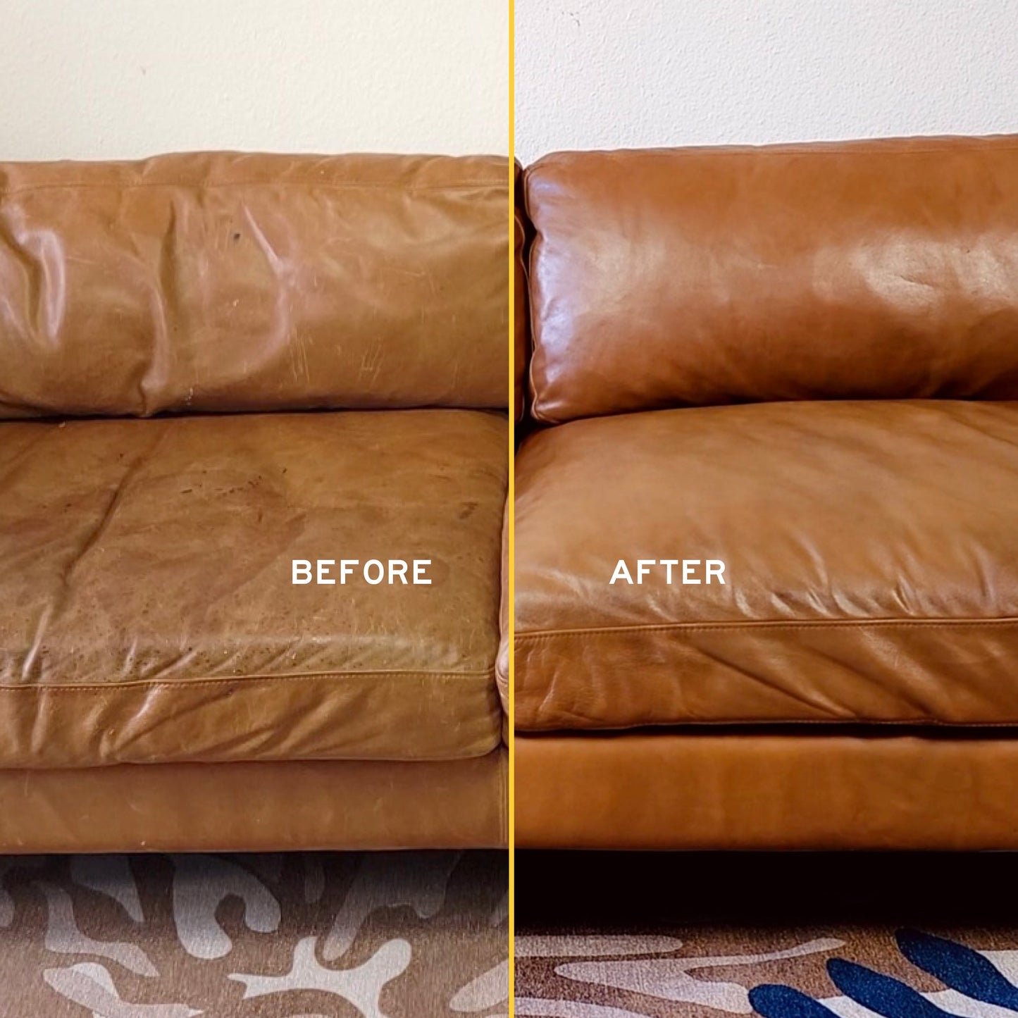 Leather Honey Leather Conditioner used on a sofa showing before and after treatment for restored leather appearance.