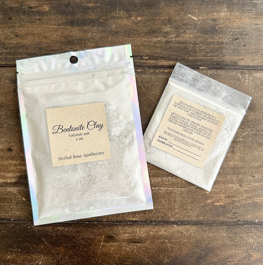 Bentonite clay powder in labeled container from HerbalRoseApothecary, natural skincare and detoxification ingredient.