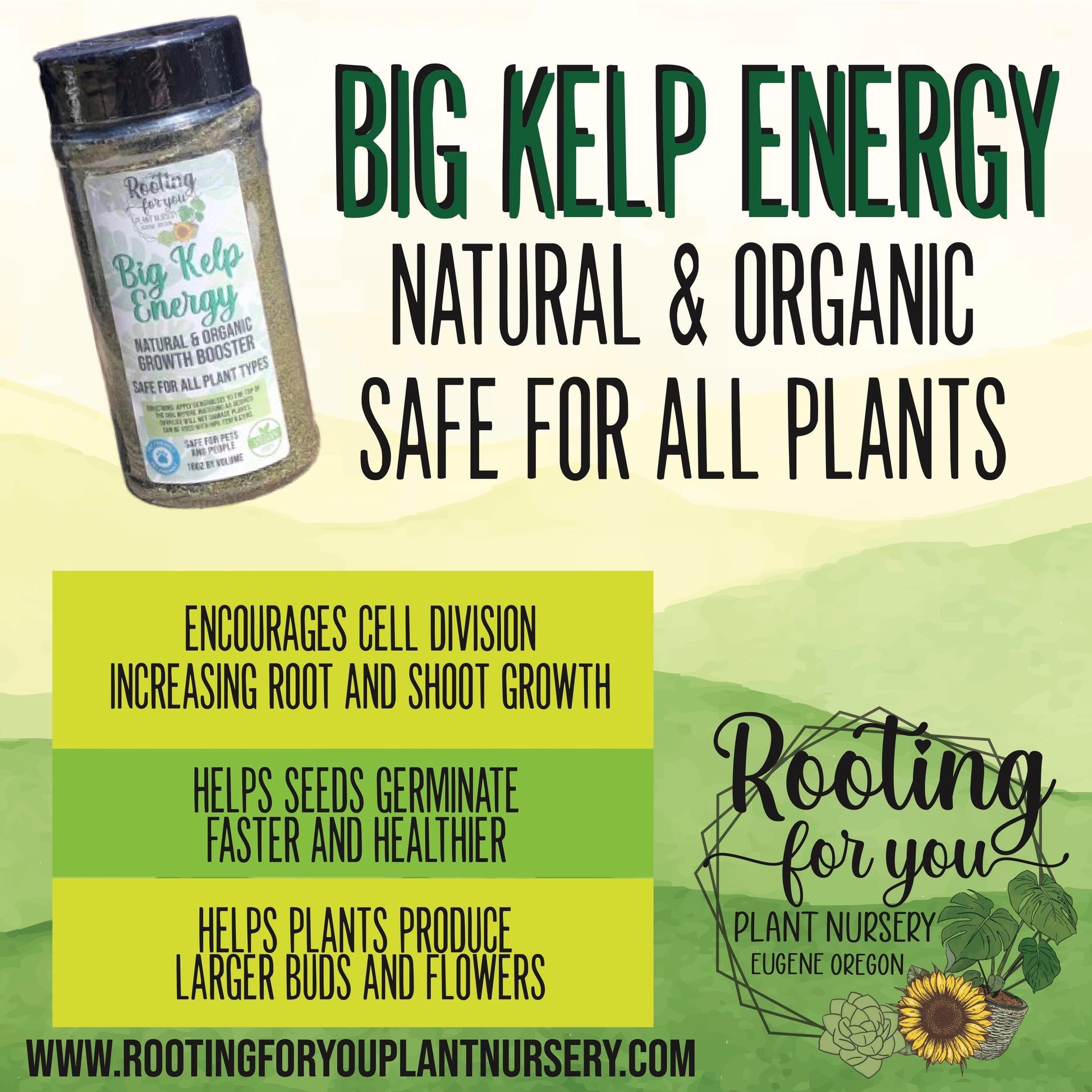 Organic Big Kelp Energy plant fertilizer by Rooting For You, 16oz bottle, suitable for all soil types, vegan and Oregon licensed nursery.