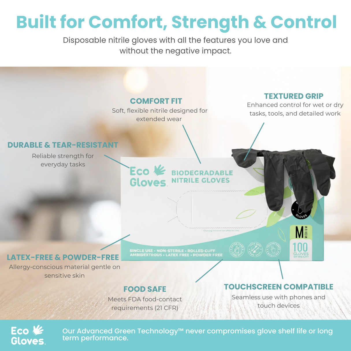 Black Eco Gloves biodegradable nitrile gloves, 4 mil thickness, 100 gloves per box, eco-friendly disposable gloves for various uses.