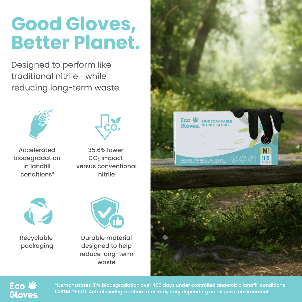 Black biodegradable nitrile gloves by Eco Gloves, 4 mil thickness, 1,000 gloves per case, suitable for protective and eco-friendly use.