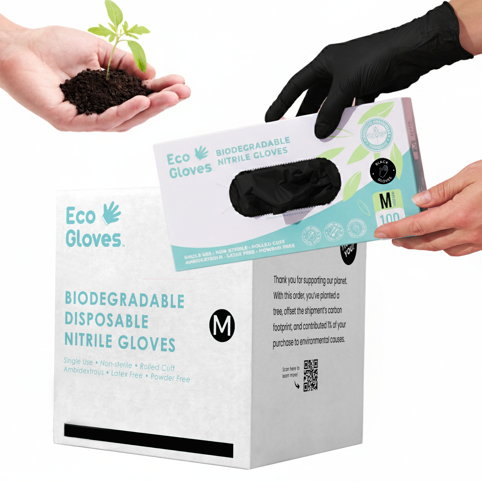 Black biodegradable nitrile gloves by Eco Gloves, 4 mil thick, shown in a case of 1,000 gloves, eco-friendly protective handwear.