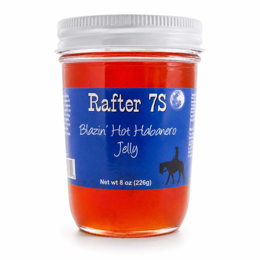 8 oz jar of Blazin' Hot Habanero Jelly by Rafter 7S, featuring vibrant orange jelly with habanero peppers and a spicy flavor.