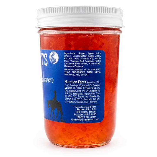8 oz jar of Blazin' Hot Habanero Jelly from Rafter 7S, showcasing a vibrant, spicy habanero jelly in a clear glass jar.