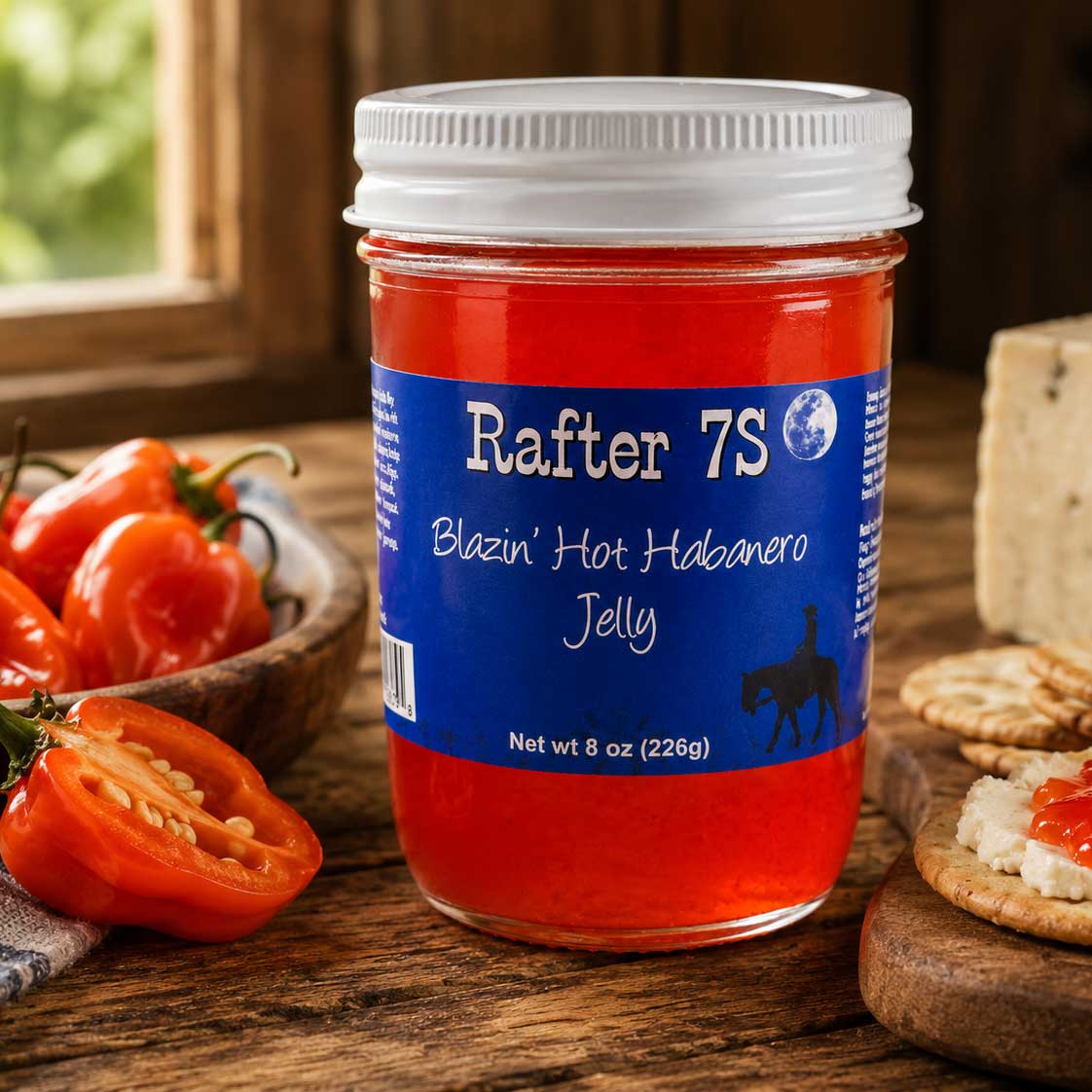8 oz jar of Blazin' Hot Habanero Jelly by Rafter 7S, featuring vibrant orange jelly with habanero peppers visible inside.