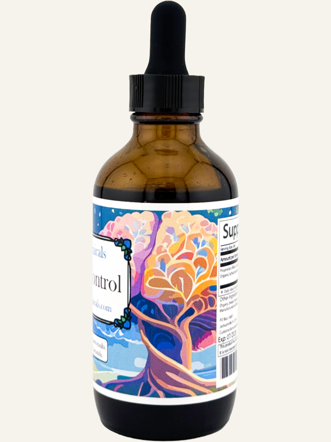 Blessed Botanicals Organic Cortisol Control herbal supplement label showing supplement facts and product branding.