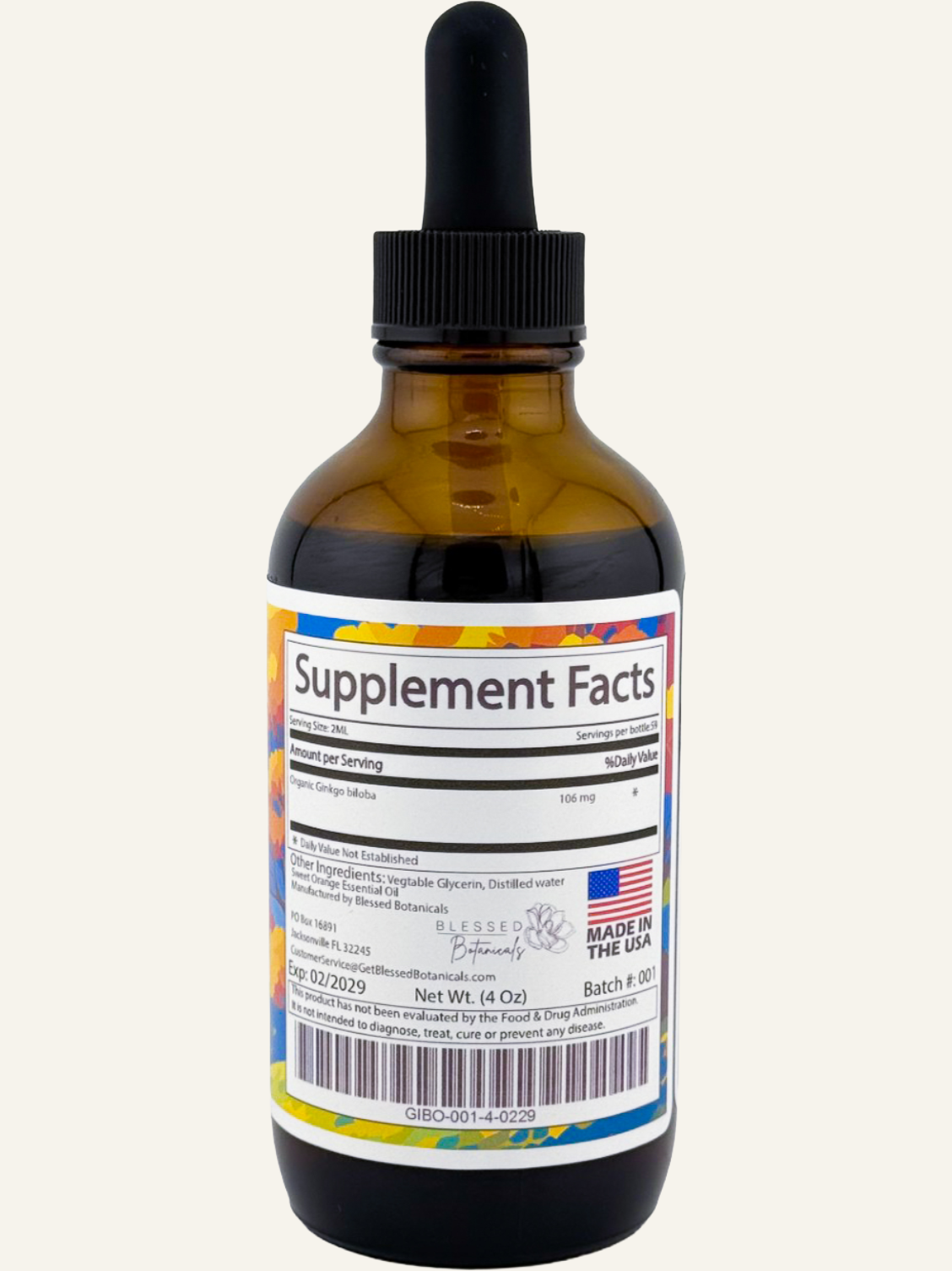Label of Blessed Botanicals Organic Ginkgo Biloba supplement showing supplement facts and ingredient information.