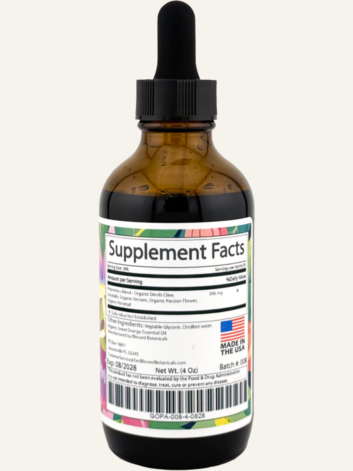 Blessed Botanicals Organic Got Pain? herbal supplement bottle with label showing ingredients and supplement facts.