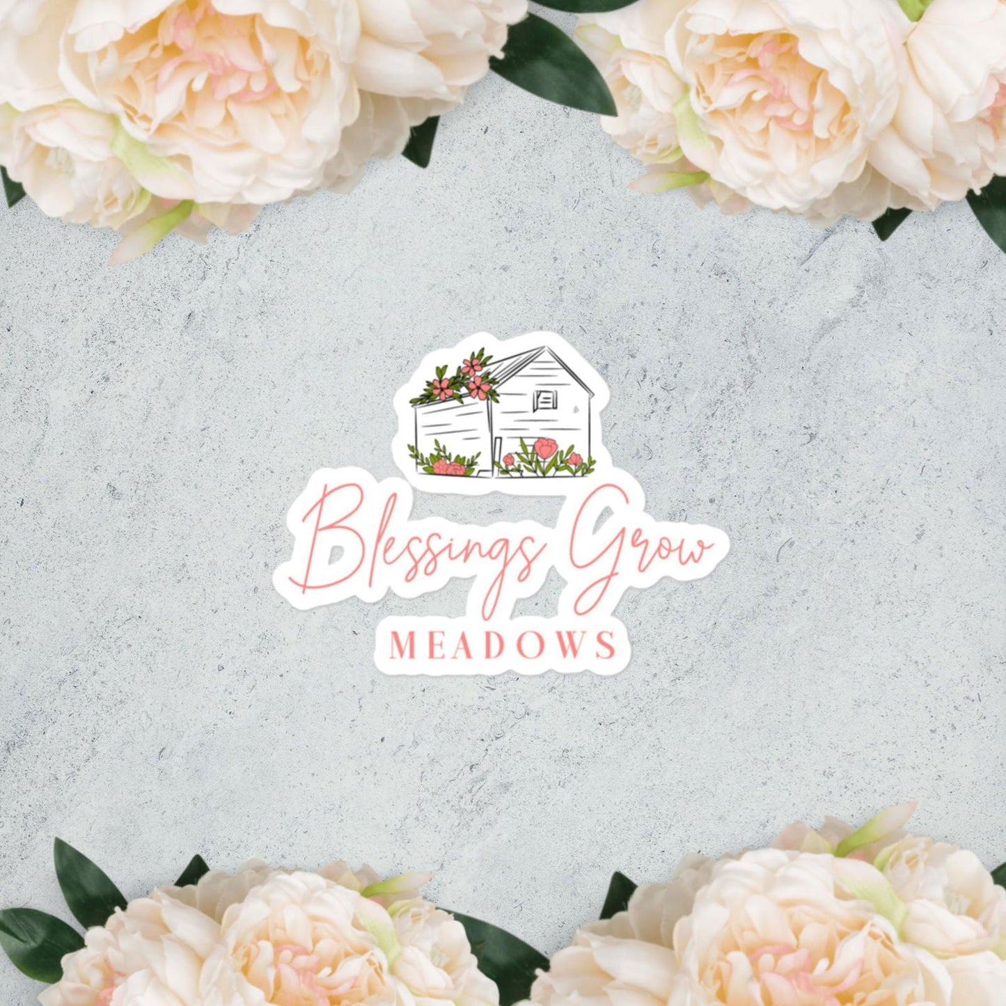 Blessings Grow Meadows logo bubble-free stickers, colorful accessories featuring the brand's logo on a clear background.