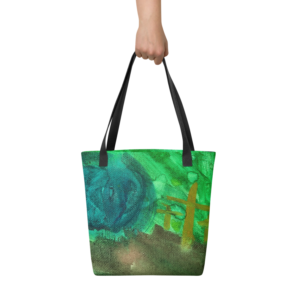 Blessings Grow Meadows tote bag with original watercolor cross design, stylish accessories for everyday use.