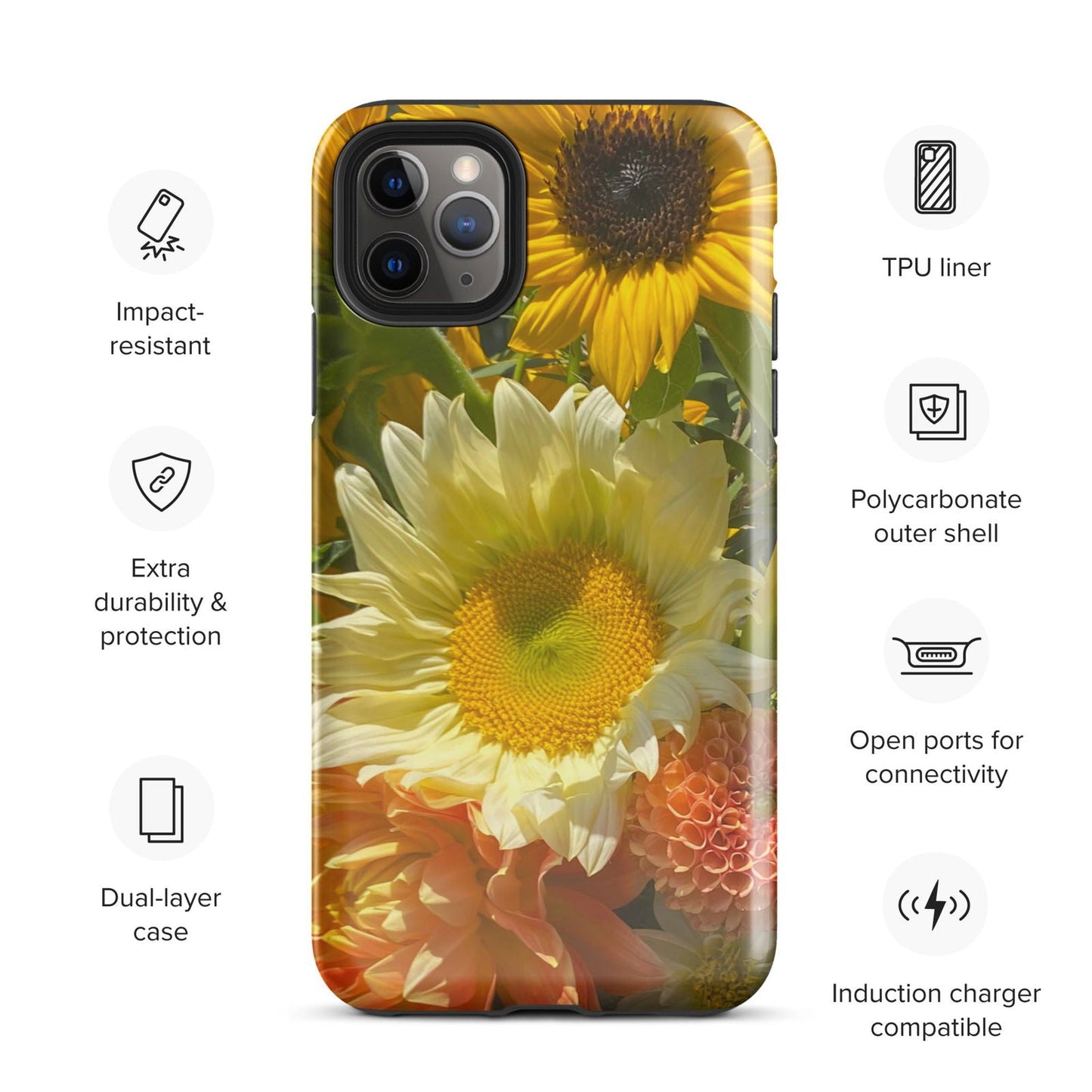 Blessings Grow Meadows sunflower tough iPhone case for iPhone 11, featuring original photography and durable protective design.