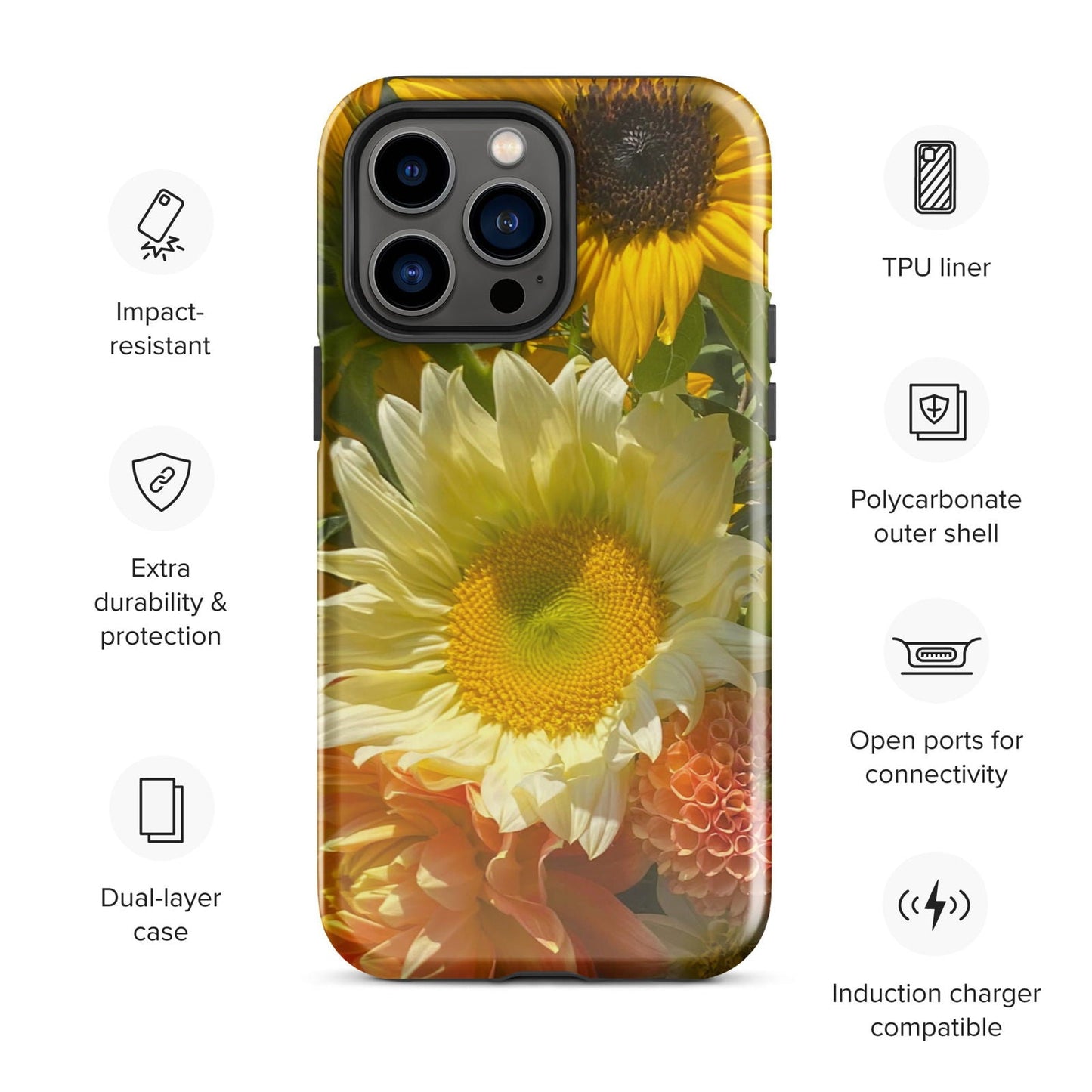 Sunflowers tough iPhone case by Blessings Grow Meadows, featuring bright sunflower design for iPhone 11 accessories.