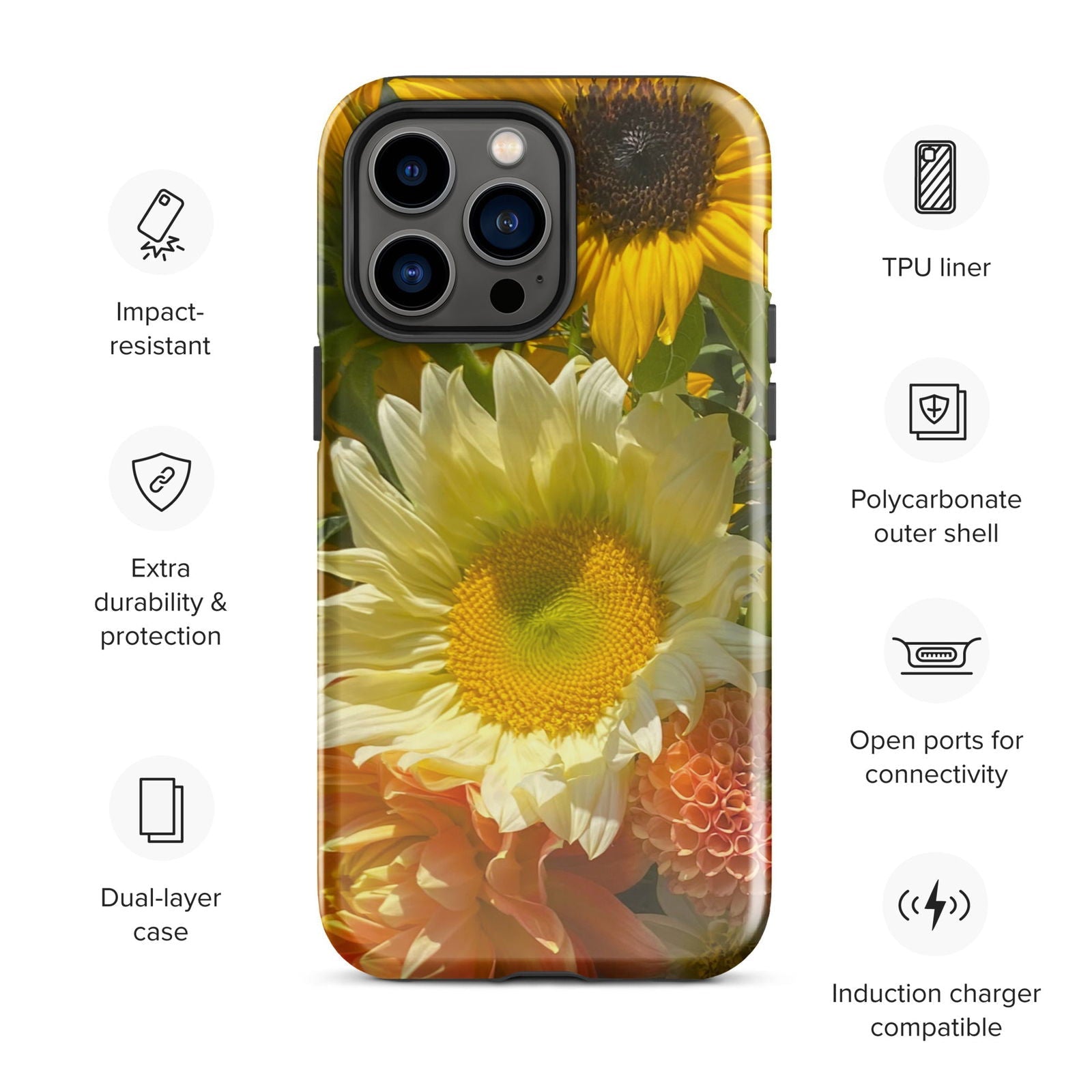 Sunflowers tough iPhone case by Blessings Grow Meadows, featuring bright sunflower design for iPhone 11 accessories.