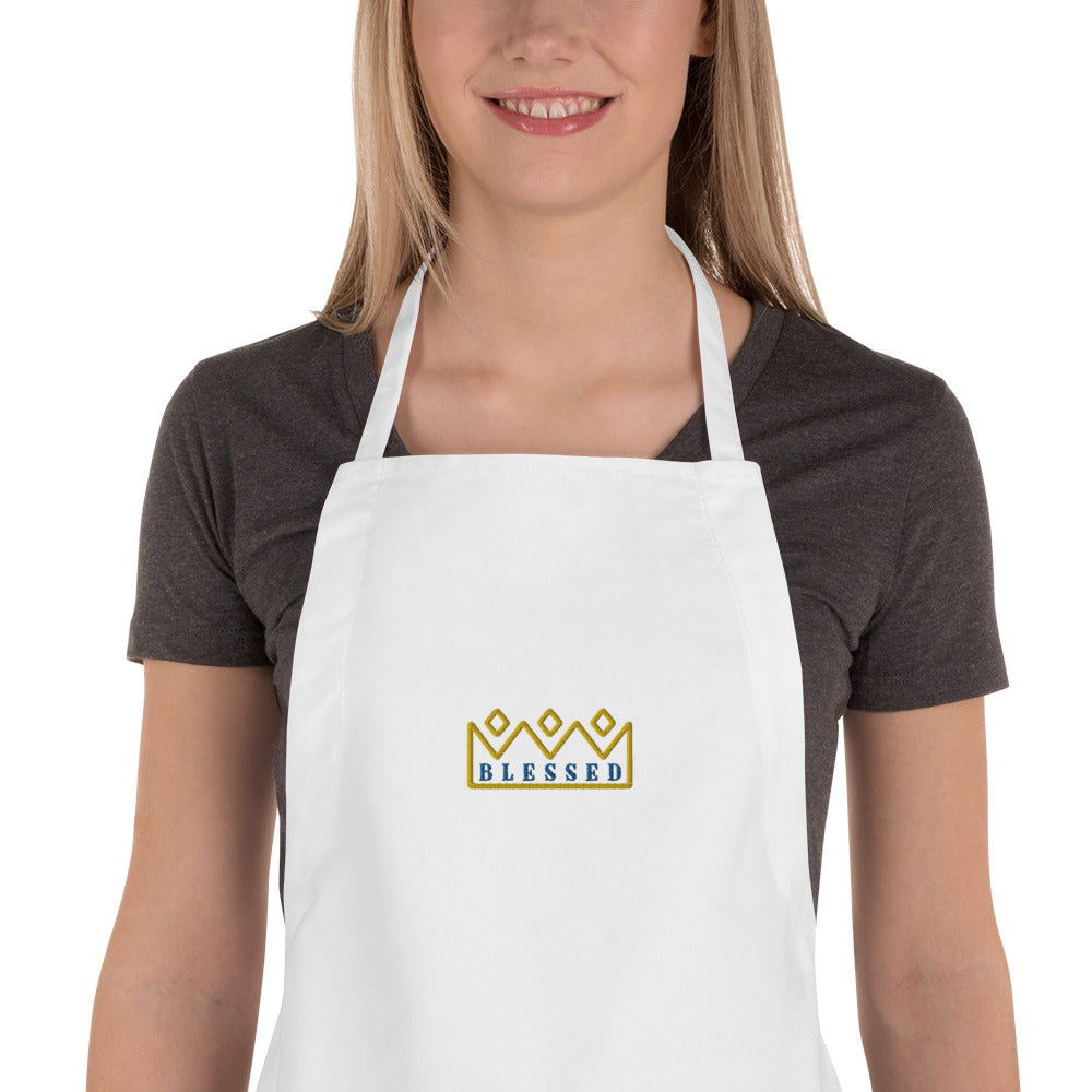 Embroidered apron by Blessings Grow Meadows featuring "Blessed with Crowns" custom design and intricate crown embroidery.